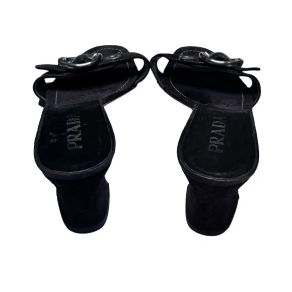 Prada Low Block Heel Buckle Strap Slide On Suede Leather Sandal - Picture 4 of 15